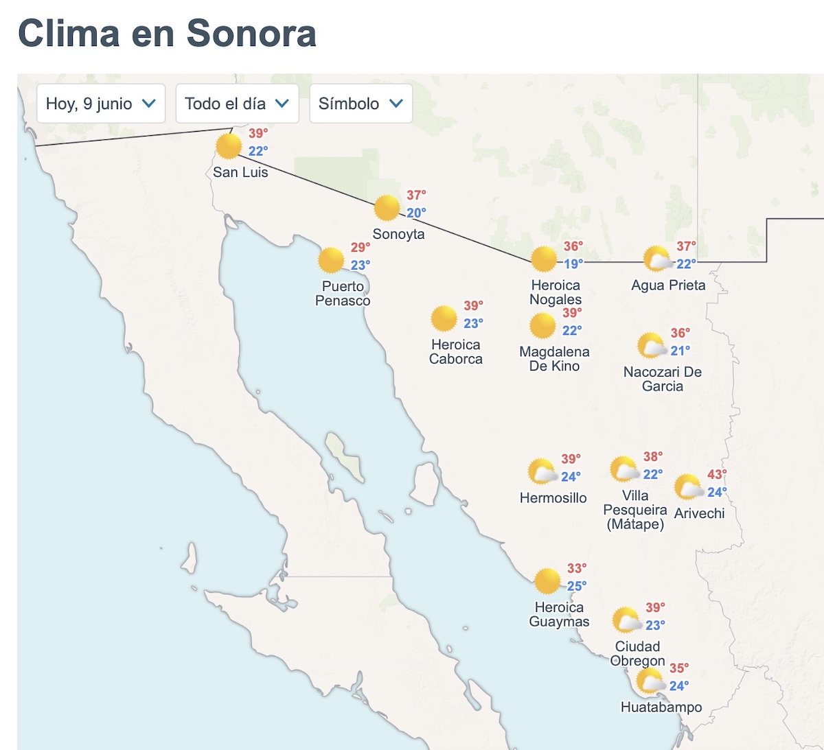 Así será el clima en Sonora este martes 9 de junio de 2026. Foto: Meteored.mx