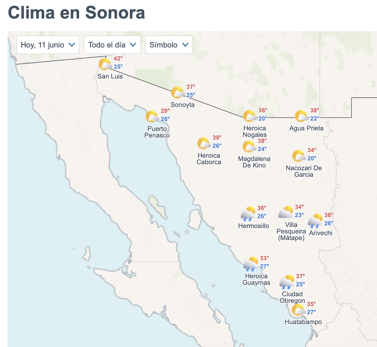 Así será el clima en Sonora HOY jueves 11 de junio. Foto: Meteored.mx