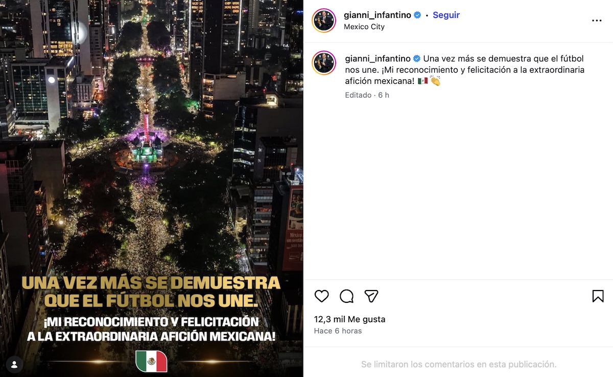 Infantino reconoce a la afición mexicana tras triunfo del Tri