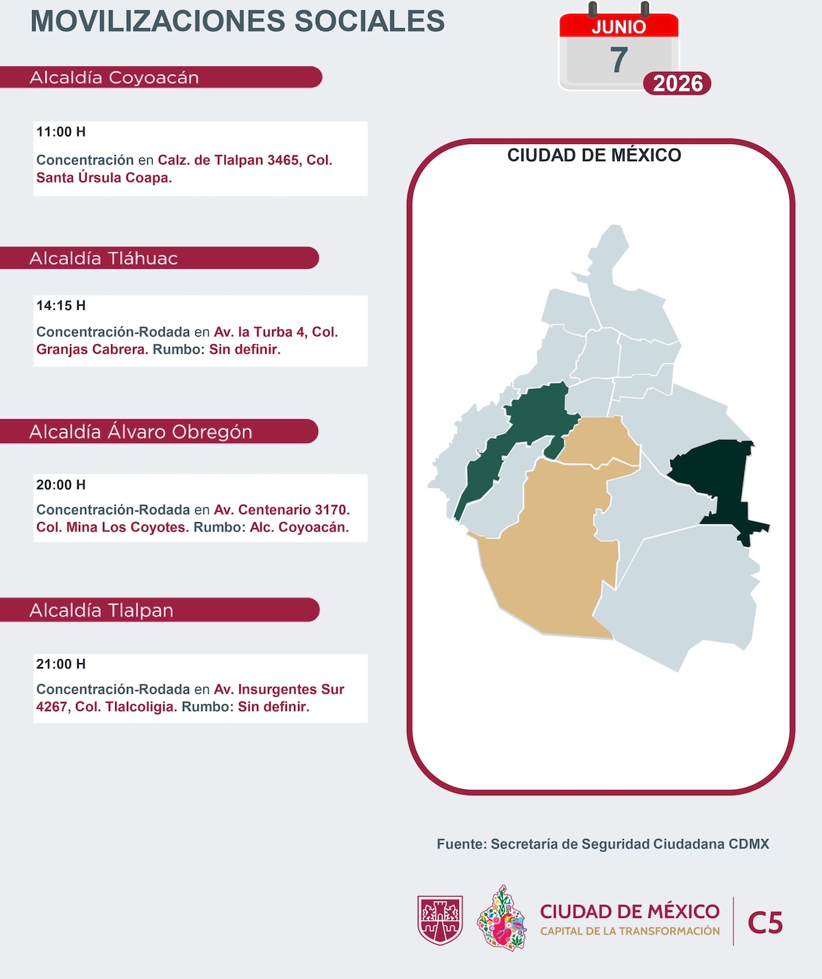 Agenda de movilizaciones en CDMX hoy domingo 7 de junio 2026. Foto: C5