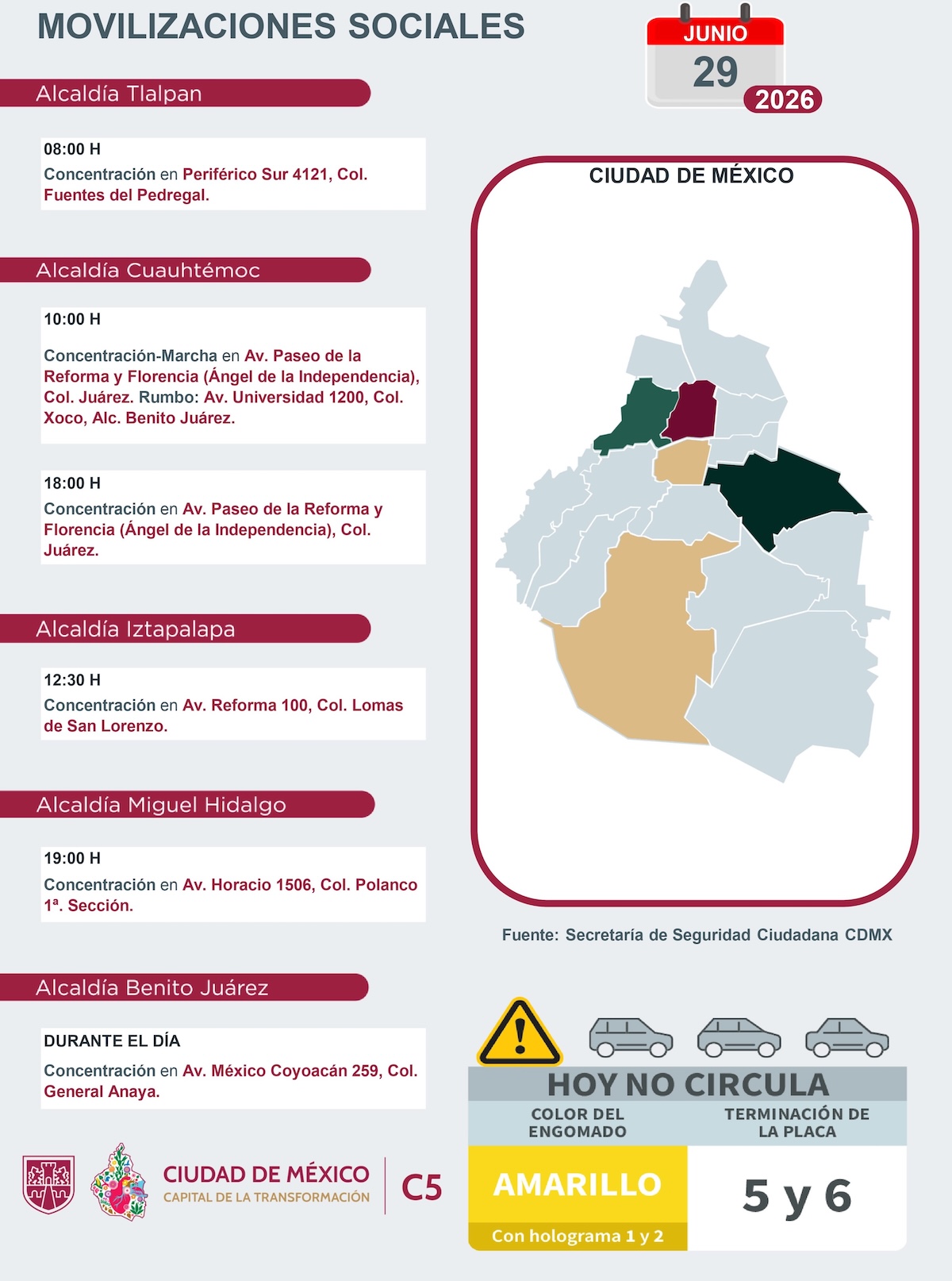 Marchas, bloqueos y tráfico en la CDMX hoy lunes 29 de junio de 2026