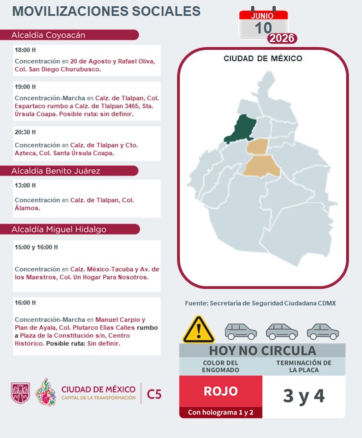 Marchas, movilizaciones y bloqueos miércoles 10 de junio de 2026. Foto: C5
