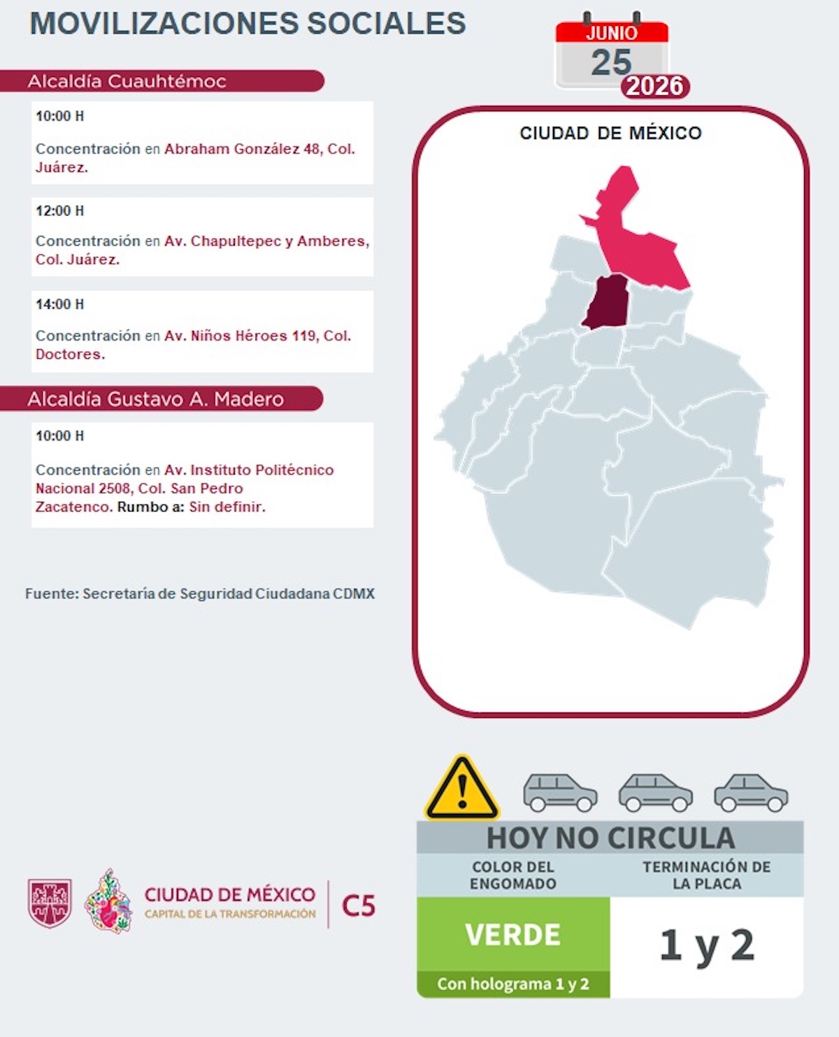 Agenda vial de la CDMX hoy jueves 25 de junio. Foto: C5