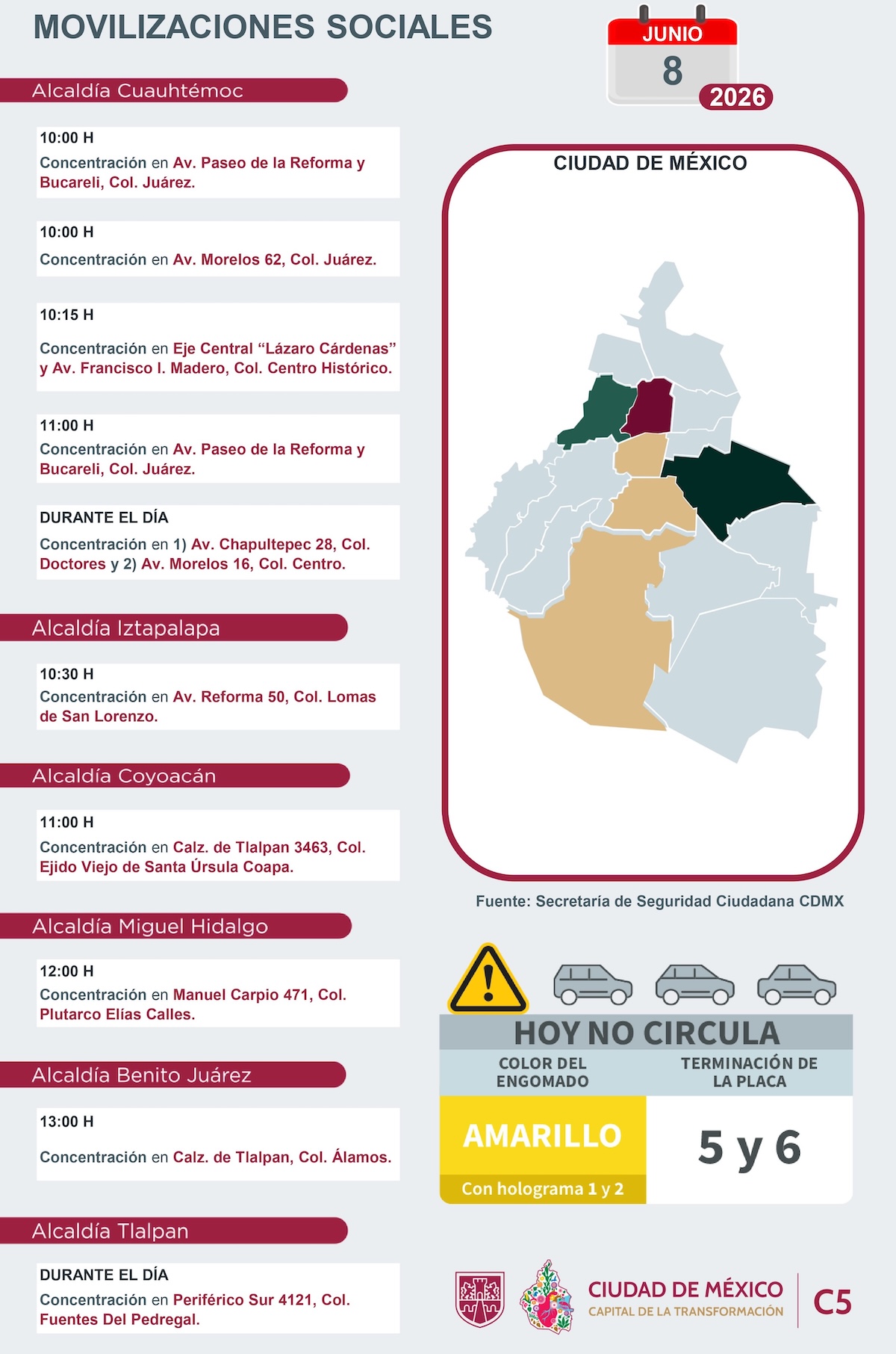 Marchas, movilizaciones y bloqueos lunes 8 de junio de 2026. Foto: C5-CDMX