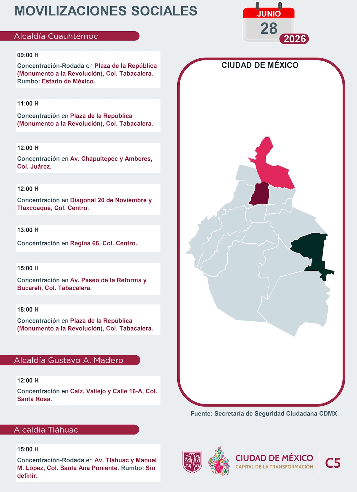 Movilizaciones programadas hoy domingo 28 de junio de 2026. Foto: C5