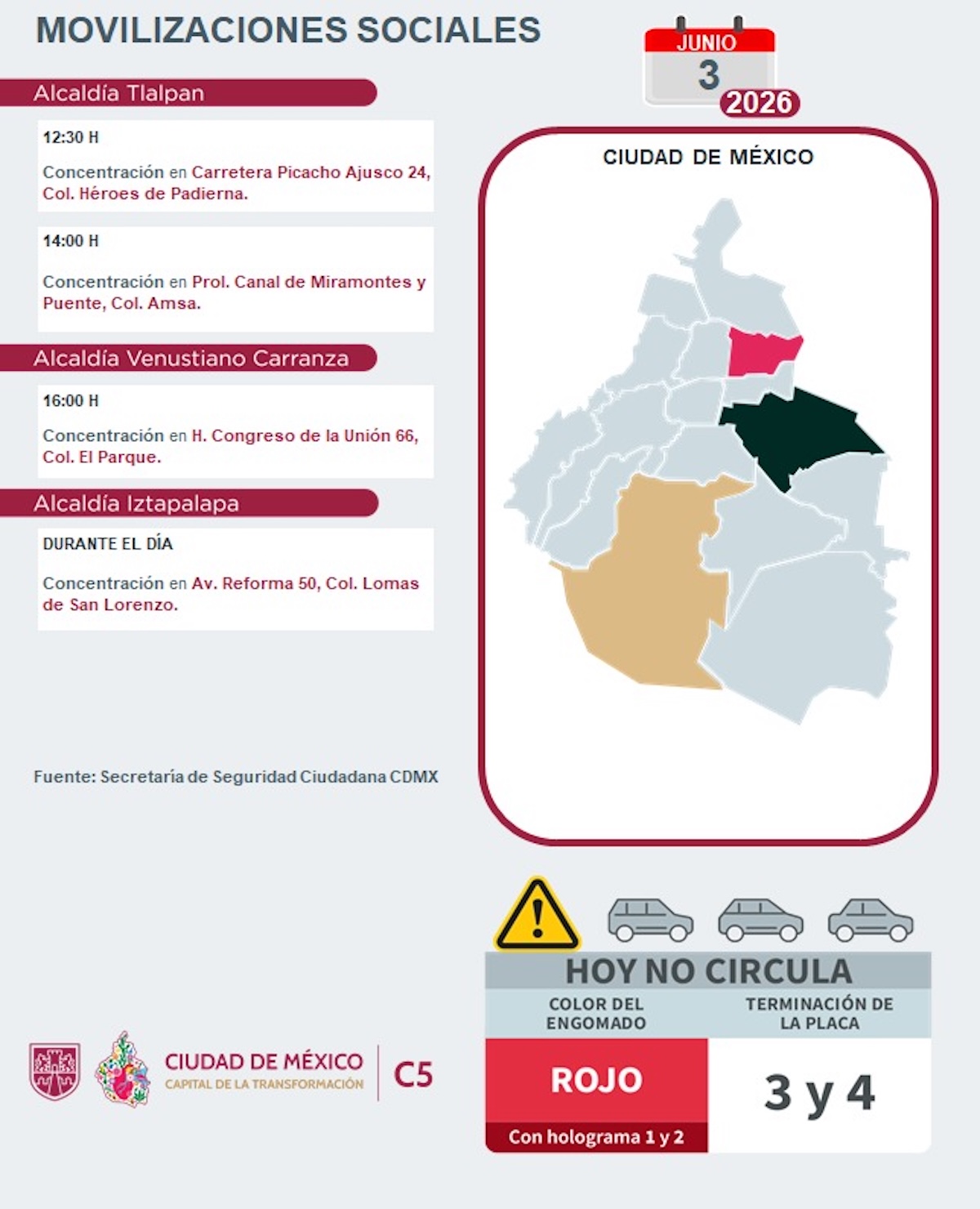 Tráfico CDMX hoy miércoles 3 de junio 2026: Puntos de bloqueo y rodadas. Foto: C5