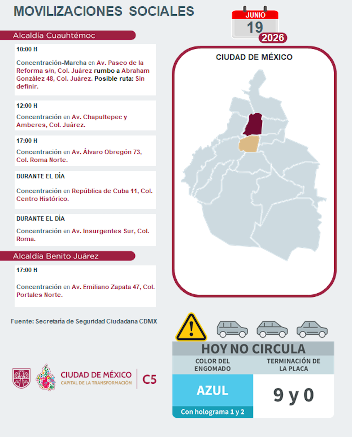 Calles afectadas por manifestaciones en Cuauhtémoc y Benito Juárez hoy. Foto: C5
