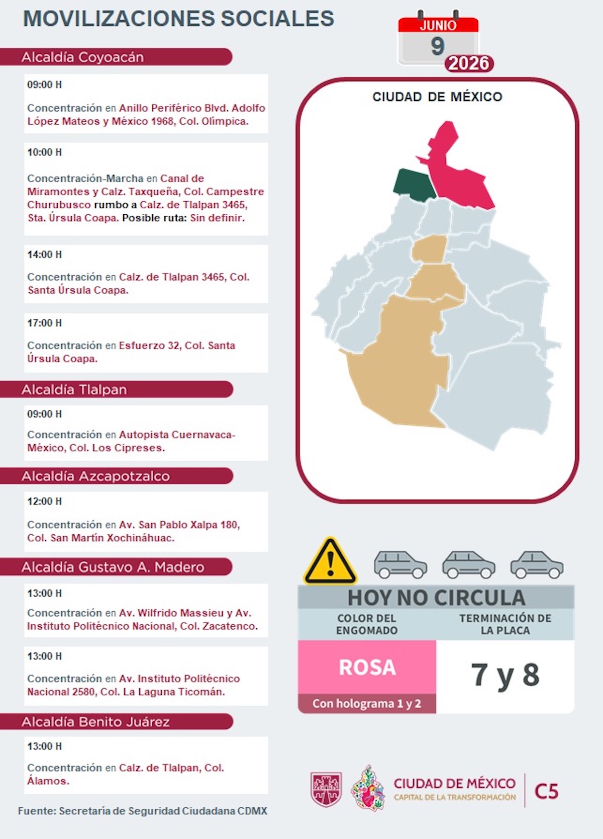 Marchas y bloqueos CDMX hoy martes 9 de junio 2026. Foto: C5