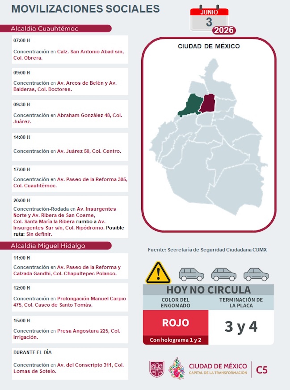 Tráfico CDMX hoy miércoles 3 de junio 2026: Puntos de bloqueo y rodadas. Foto: C5