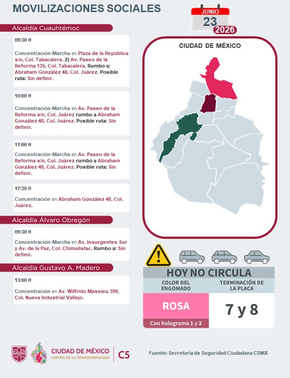 Marchas, bloqueos y tráfico en la CDMX hoy martes 23 de junio de 2026. Foto: C5