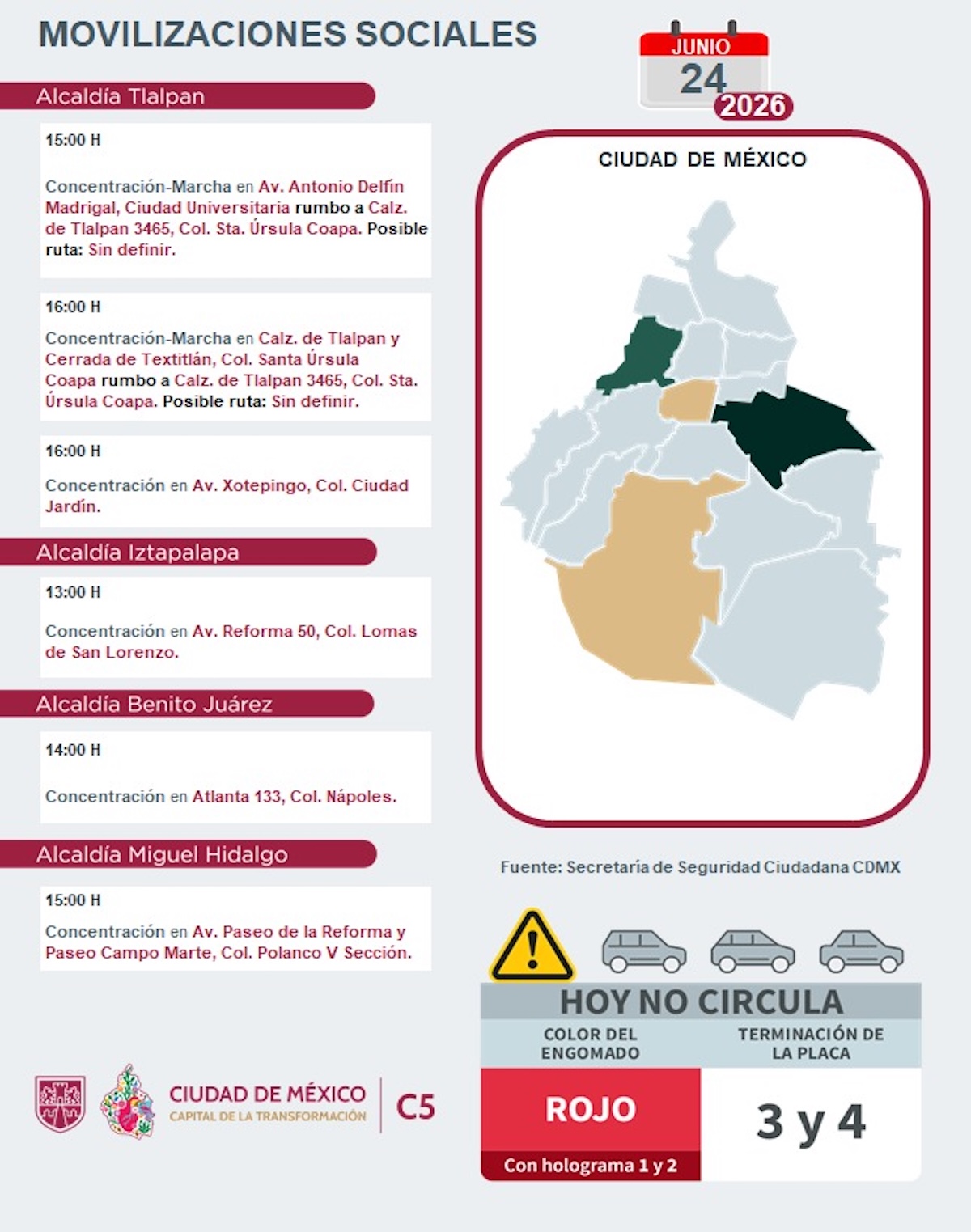 Marchas, bloqueos y tráfico en la CDMX hoy miércoles 24 de junio de 2026. Foto: C5