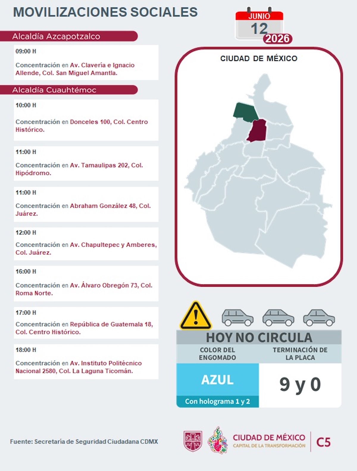 Marchas y bloqueos hoy viernes 12 de junio de 2026 en CDMX. Foto: C5