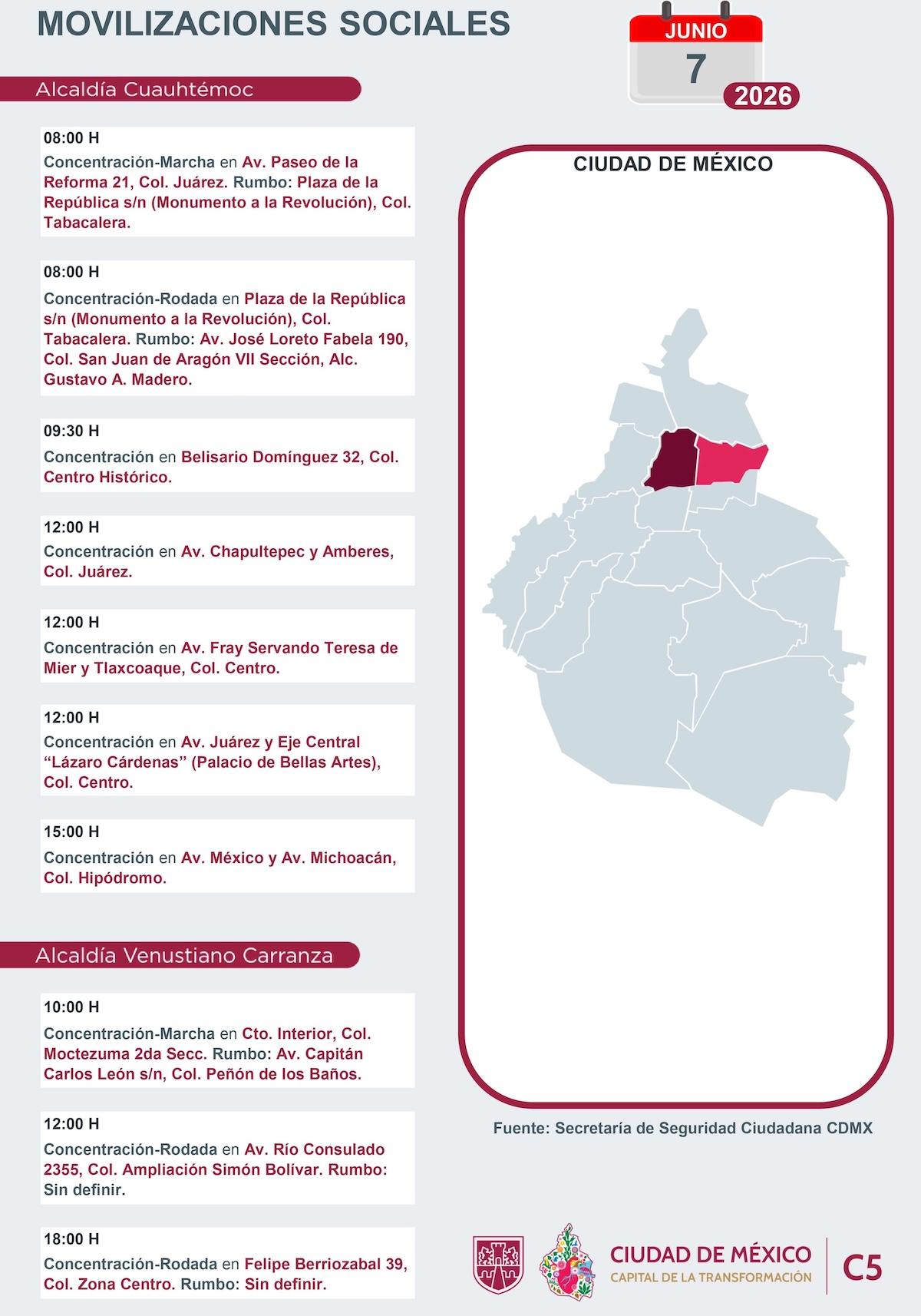 Agenda de movilizaciones en CDMX hoy domingo 7 de junio 2026. Foto: C5