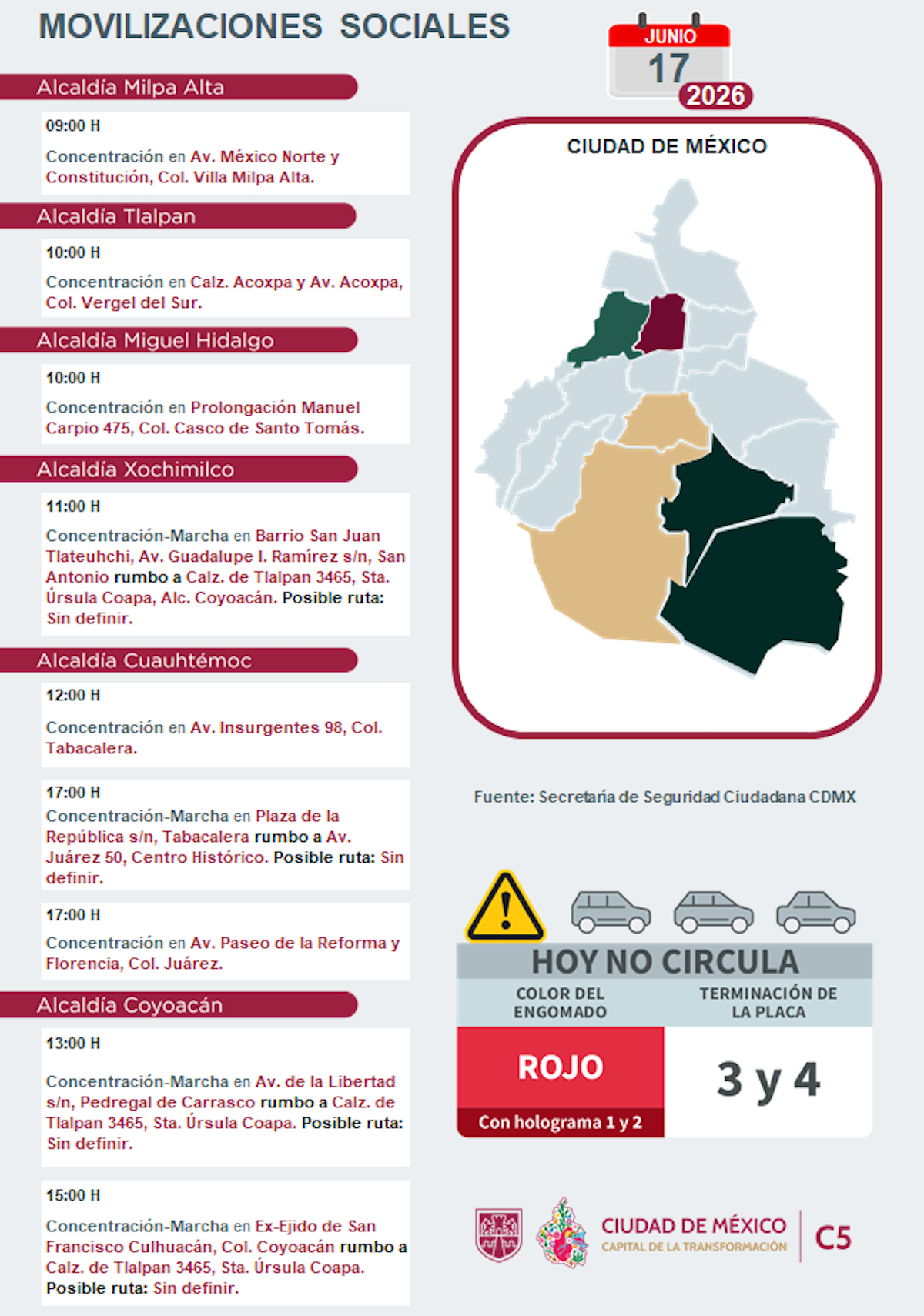 Agenda de marchas, movilizaciones y cierres hoy miércoles 17 de junio. Foto: C5