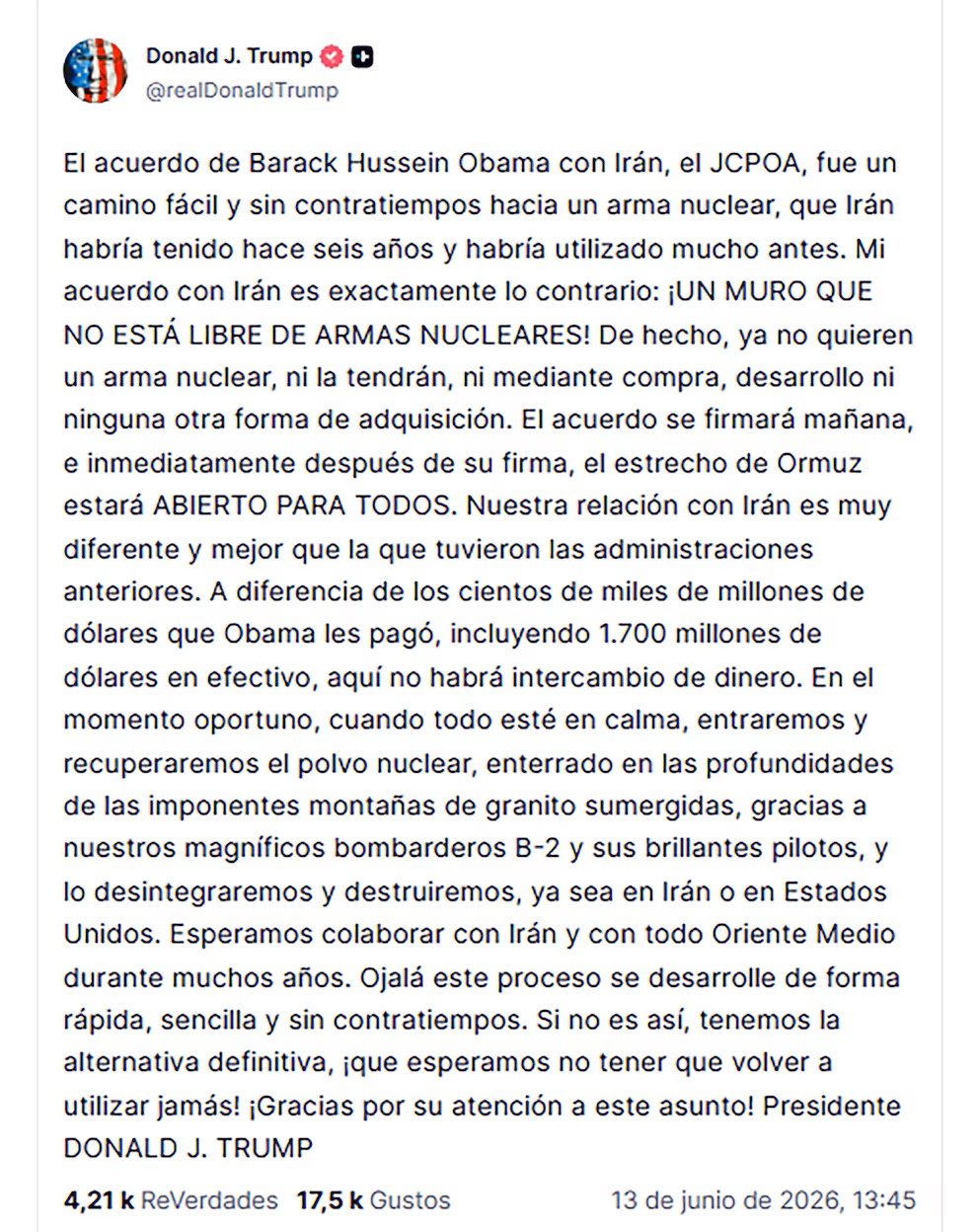 Trump anuncia acuerdo nuclear con Irán y prevé firma este domingo