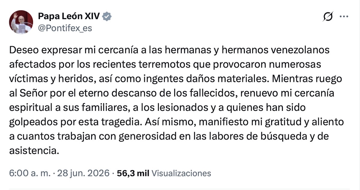 El Papa León XIV envía mensaje de apoyo tras los sismos en Venezuela