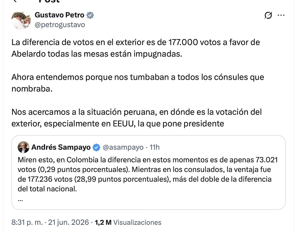 Gustavo Petro cuestiona triunfo de ultraderechista en Colombia. Foto: X