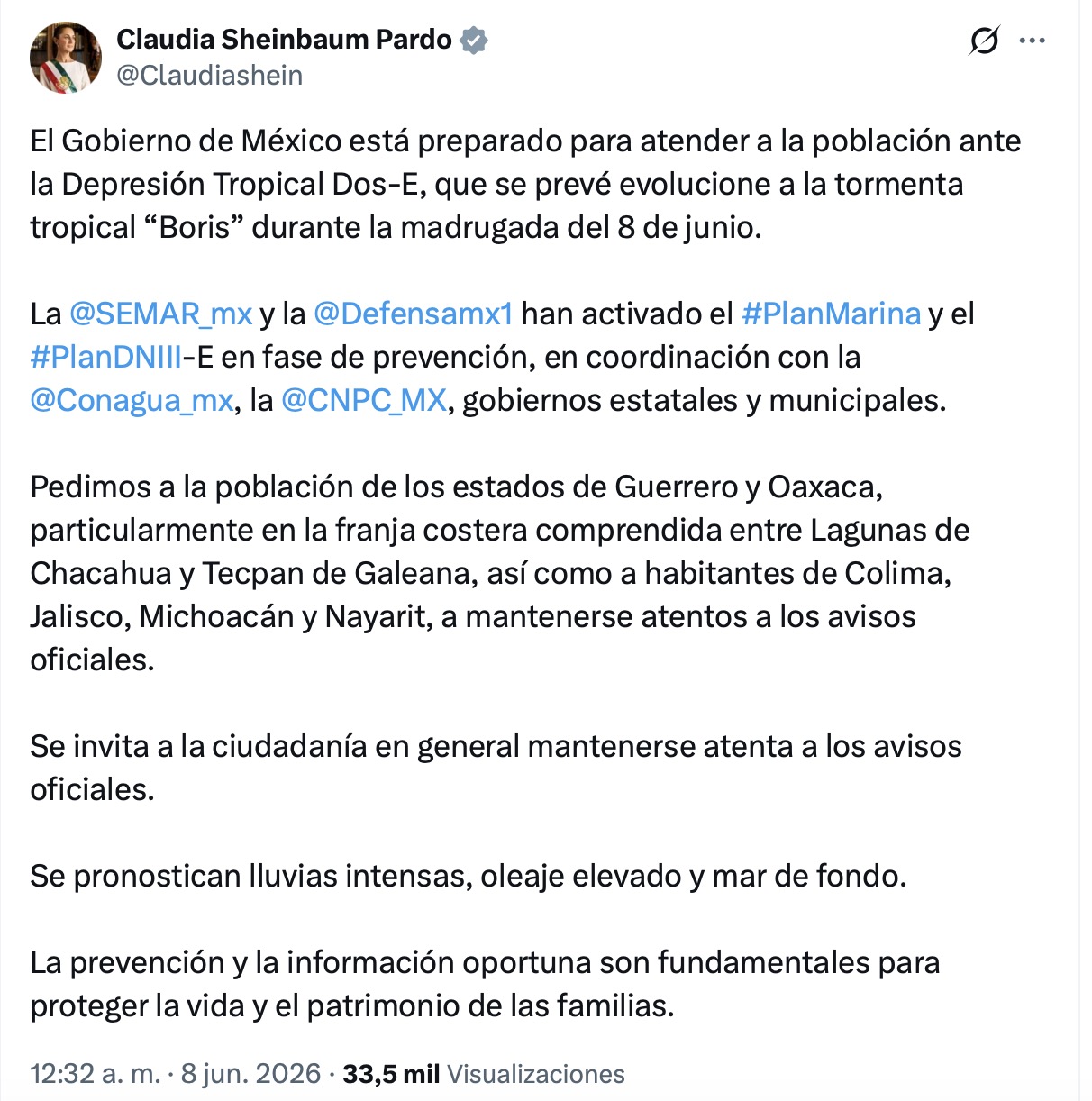 Sheinbaum activa protocolos ante Boris y llama a seguir avisos oficiales en el Pacífico