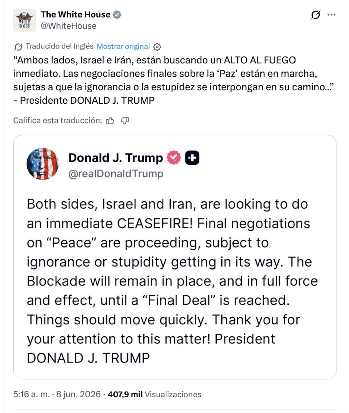 Trump llama a detener ataques entre Irán e Israel este 8 de junio
