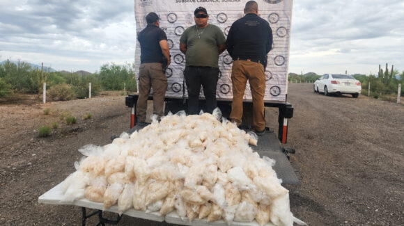 Cae chofer de camión de paquetería con 200 kilos de metanfetamina en carretera Caborca-Sonoyta
