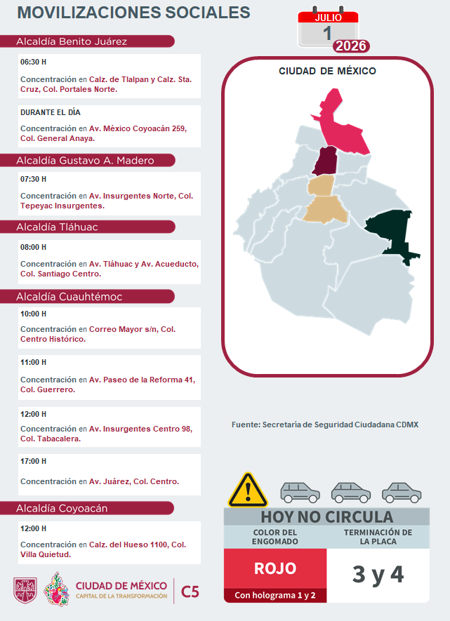 Reporte del C5: Puntos de concentración y marchas este miércoles en CDMX. Foto: C5