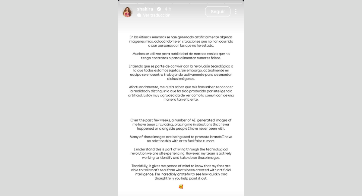Shakira frena los rumores sobre imágenes falsas creadas con Inteligencia Artificial