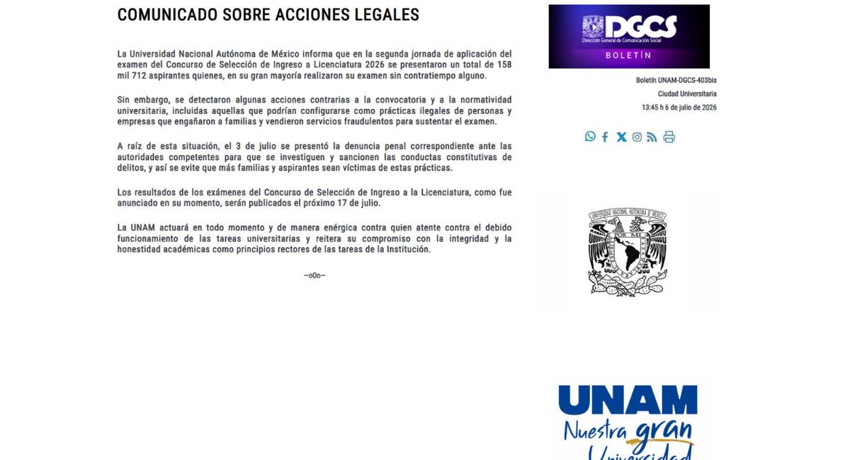 UNAM presenta denuncia penal por fraude en el examen de Ingreso a Licenciatura 2026