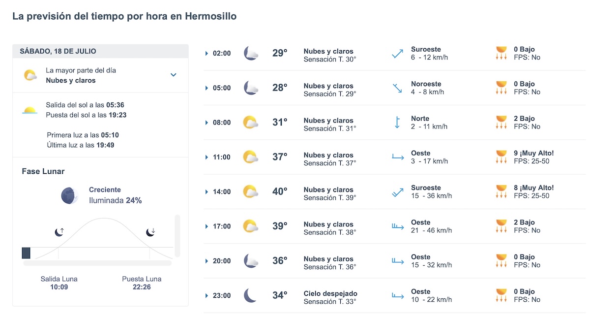 Clima Hermosillo HOY sábado 18 de julio. Foto: Meteored.mx