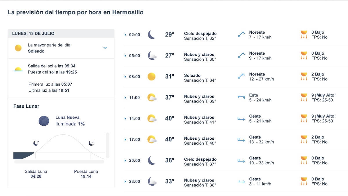 Pronóstico del clima para Hermosillo hoy lunes 13 de julio