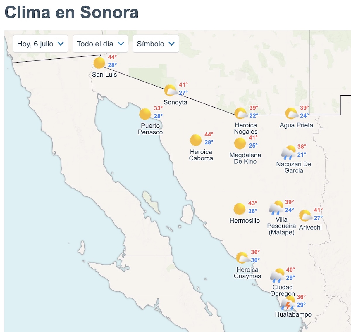 Pronóstico del clima en Sonora para hoy 6 de julio. Foto: Meteored.mx