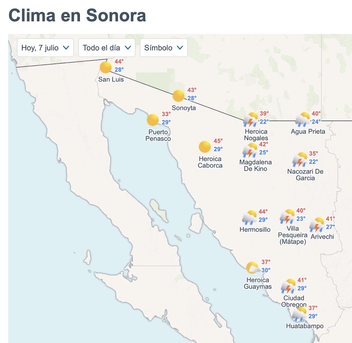 Pronóstico del clima para Sonora este martes 7 de julio de 2026. Foto: Meteored.mx