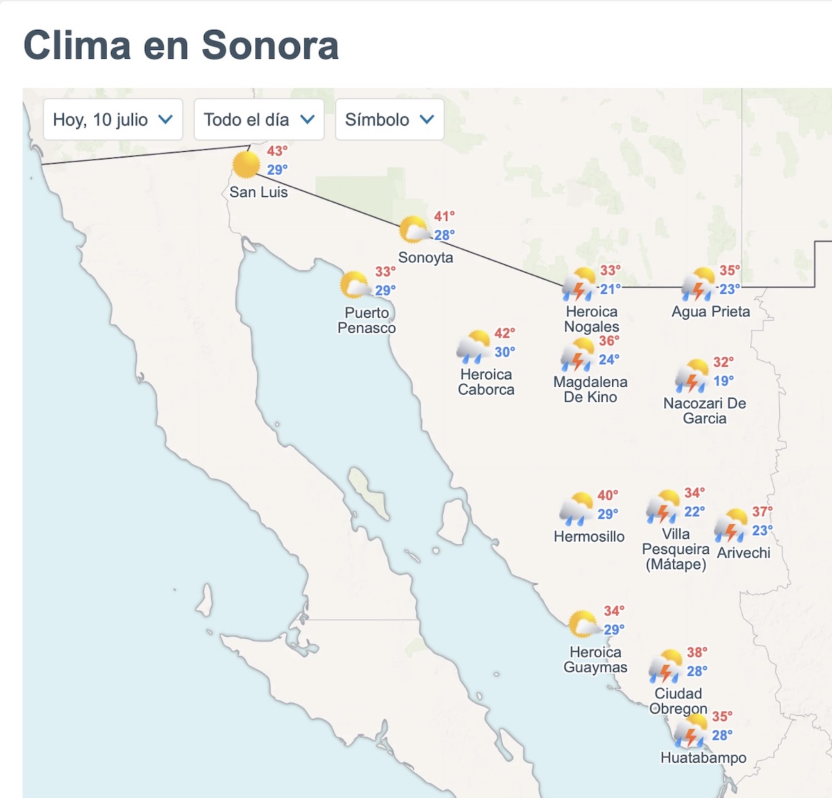 Pronóstico del clima para Sonora hoy 10 de julio