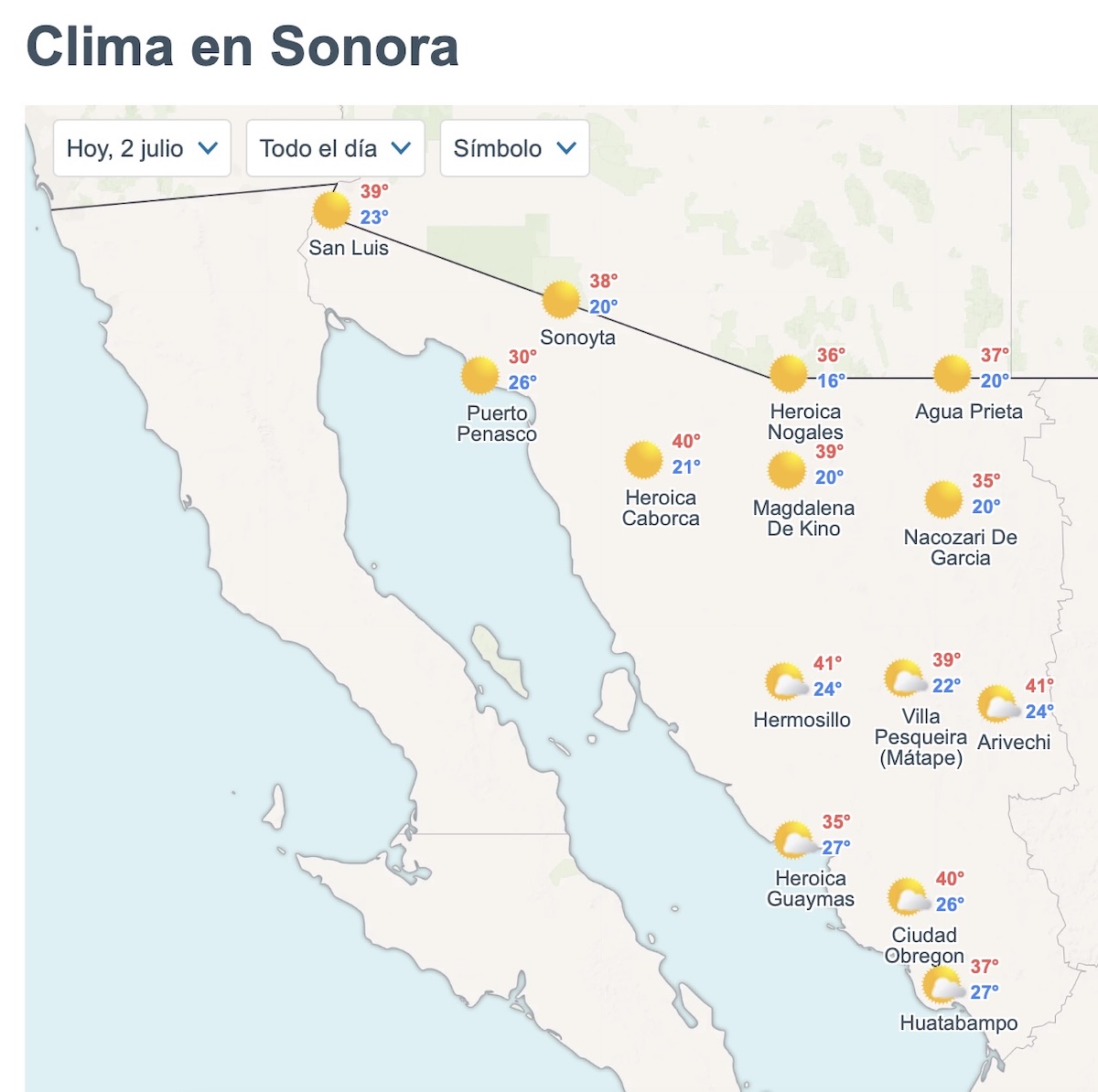 Pronóstico del clima en Sonora hoy jueves 2 de julio. Foto: Meteored.mx