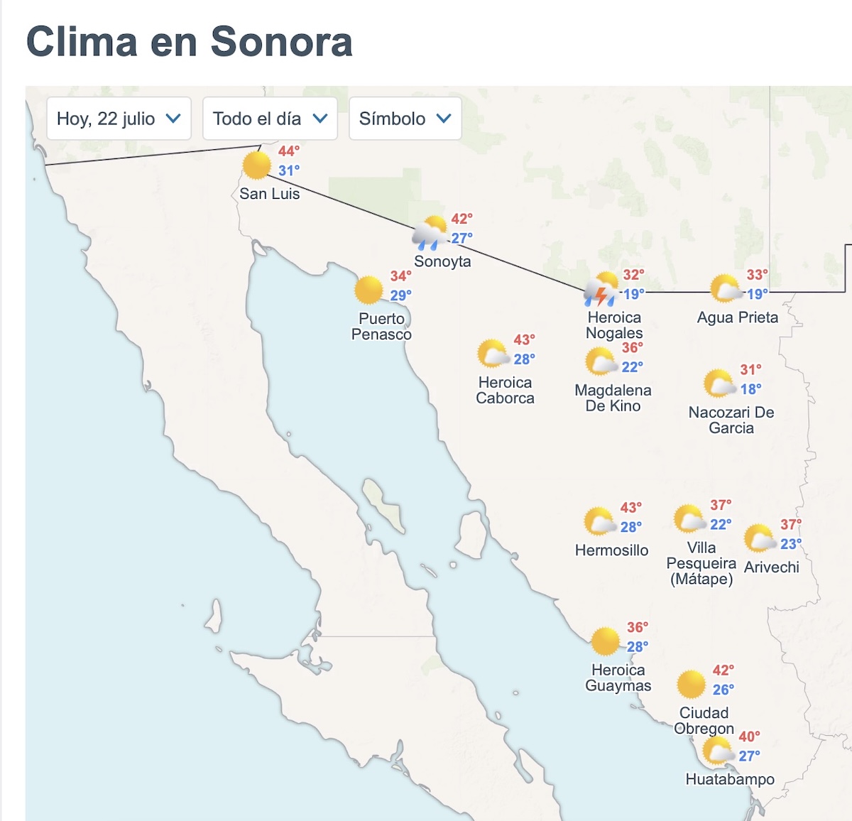 Sonora tendrá onda de calor y lluvias fuertes este miércoles. Foto: Meteored.mx