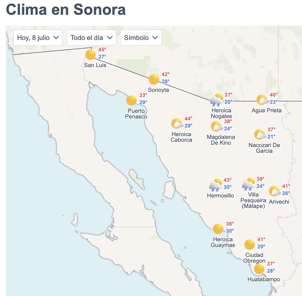Así será el clima en Sonora hoy. Foto: Meteored.mx