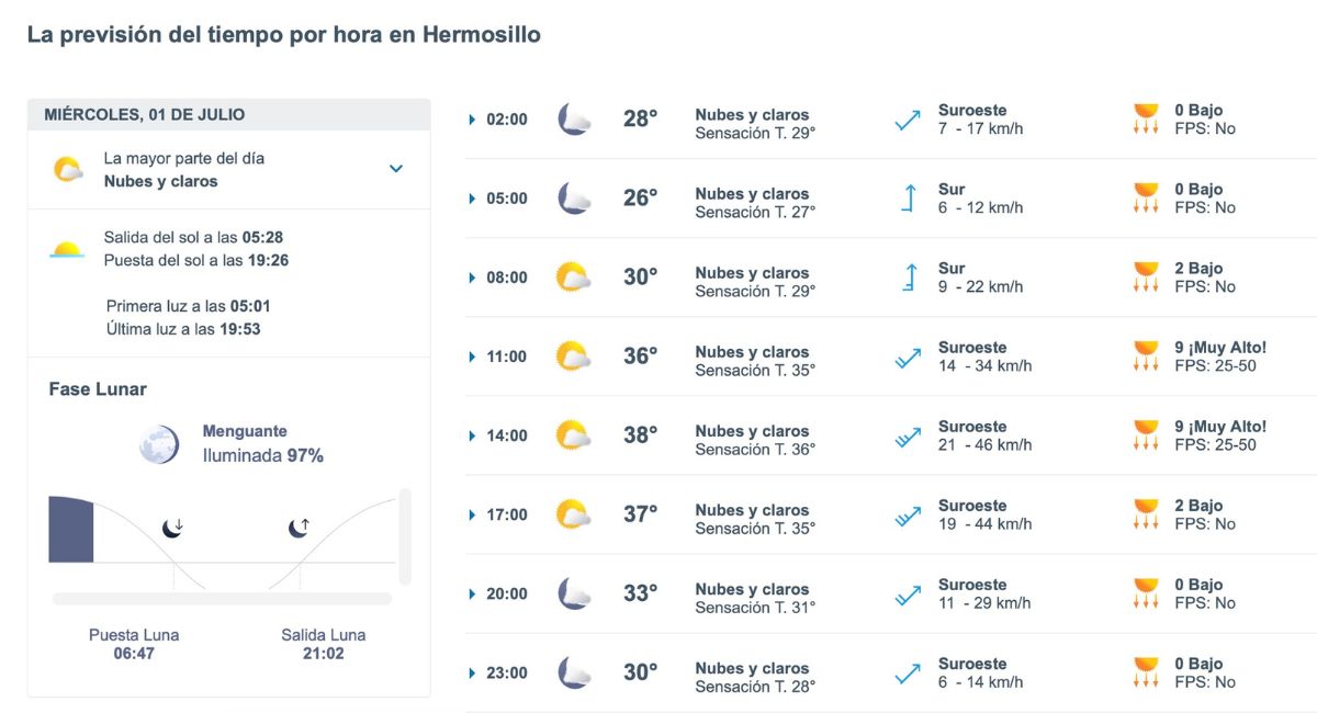 Así será el clima en Hermosillo este miércoles 1 de julio de 2026. Foto: Meteored.mx