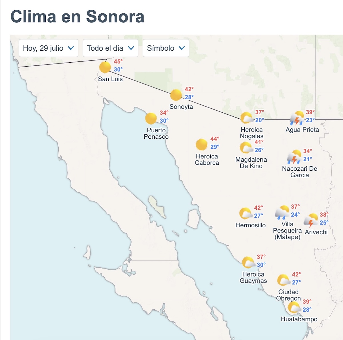 Pronóstico del clima en Sonora para HOY miércoles 29 de julio