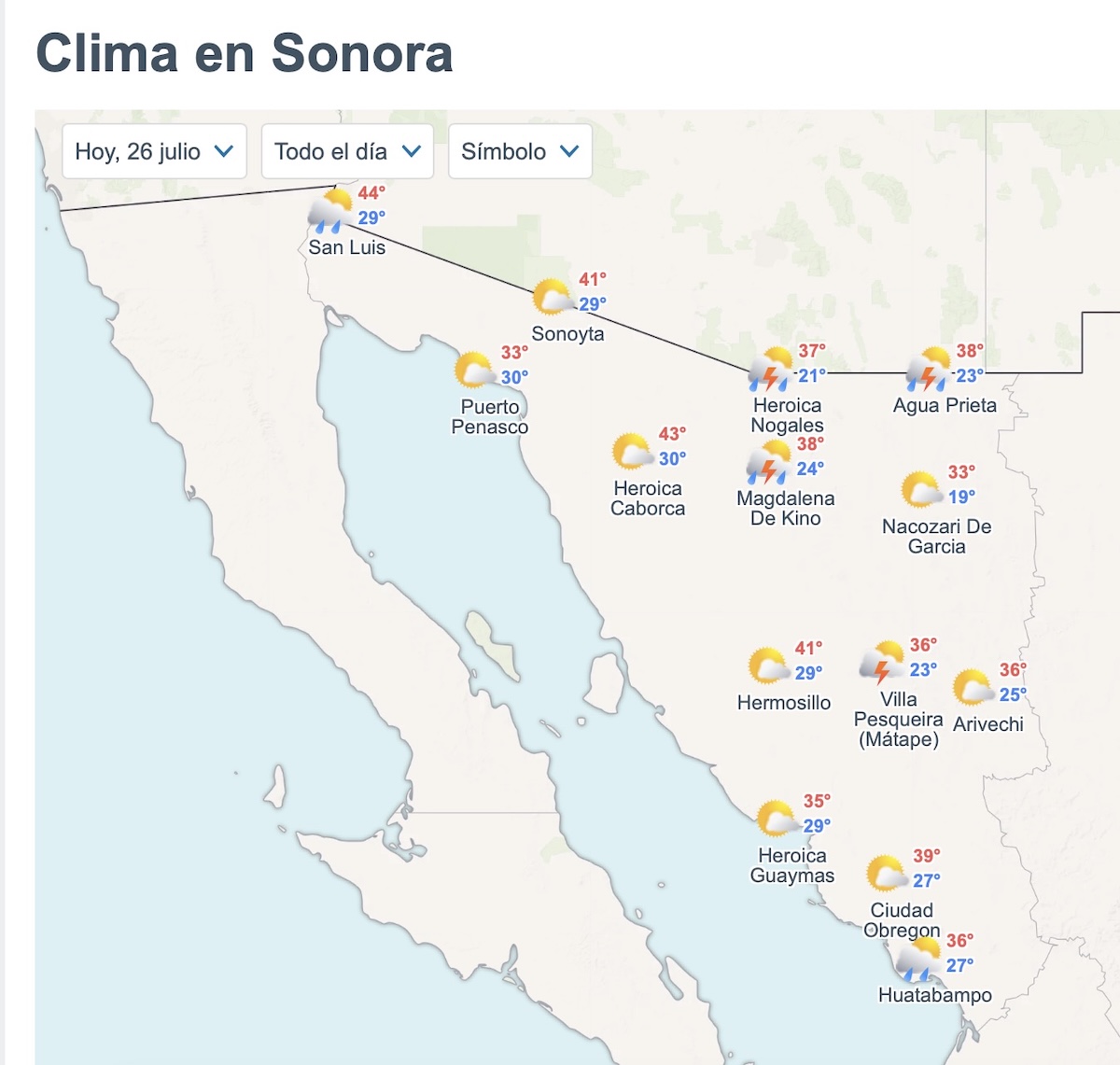 Sonora tendrá lluvias y temperaturas de hasta 44°C. Foto: Meteored.mx