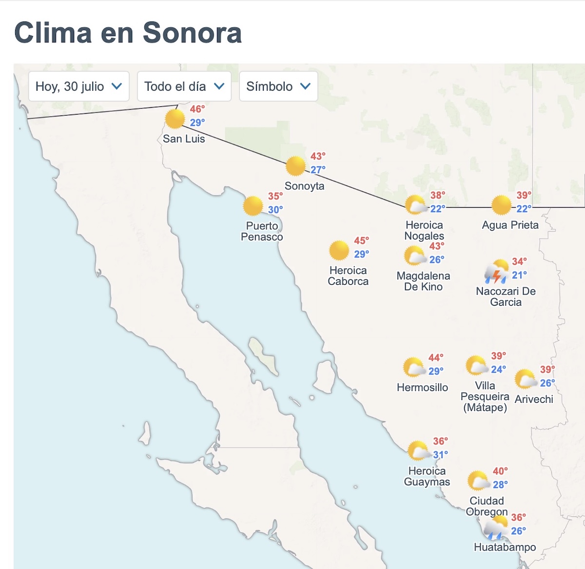 Clima en Sonora hoy jueves 30 de julio de 2026. Foto: Meteored.mx
