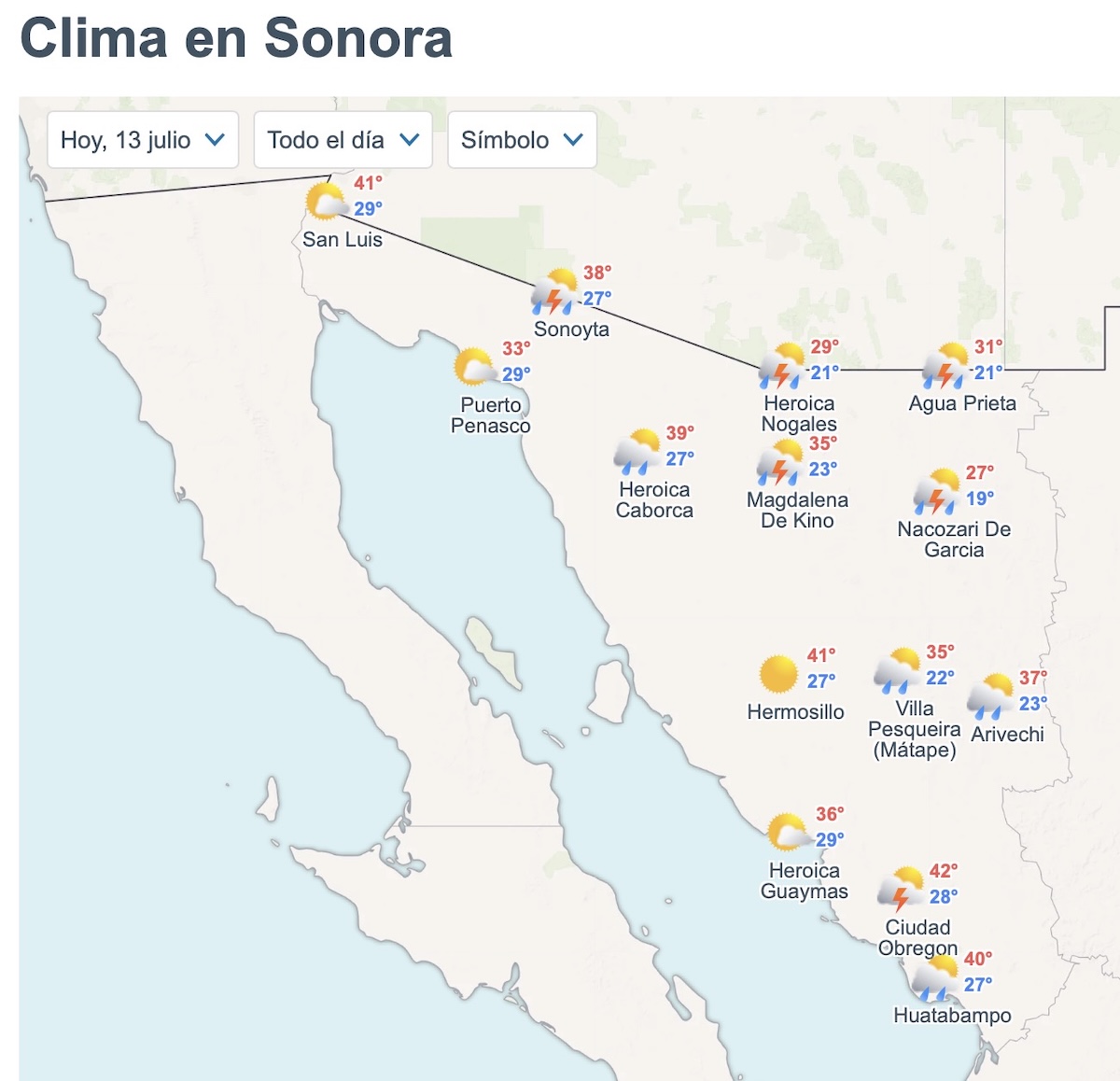 Conoce el pronóstico del clima en Sonora hoy lunes 13 de julio. Foto: Meteored.mx