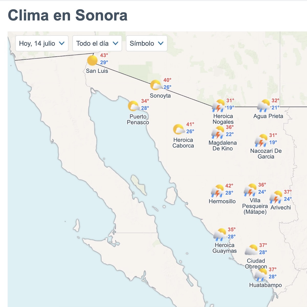 Pronóstico del clima en Sonora este martes 14 de julio. Foto: Meteored.mx