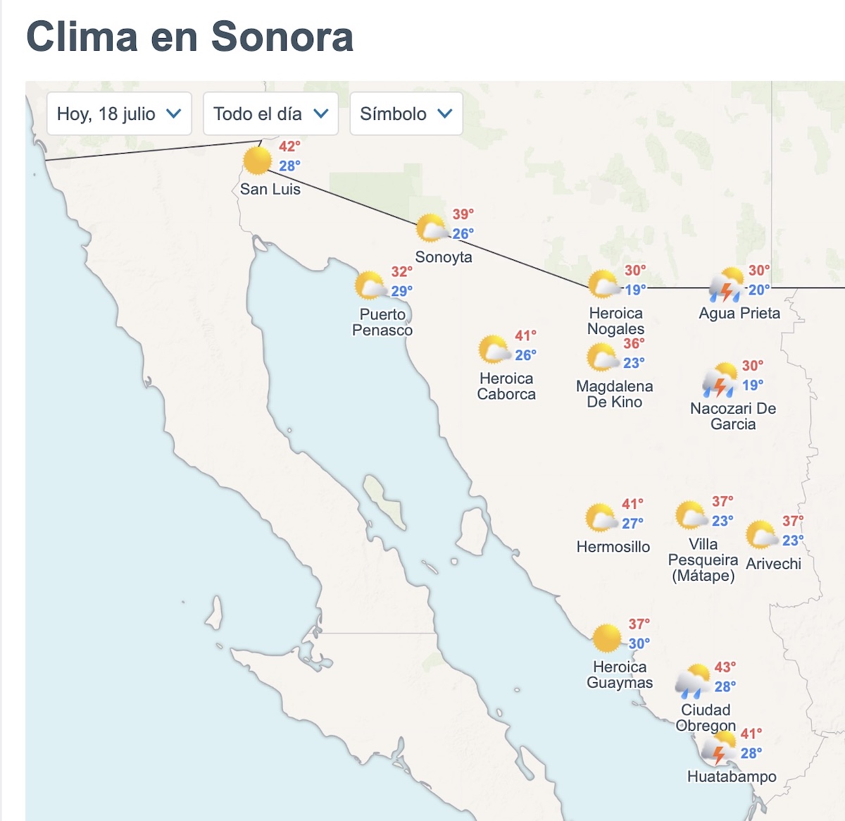 Pronóstico del clima en Sonora para este sábado 18 de julio. Foto: Meteored.mx