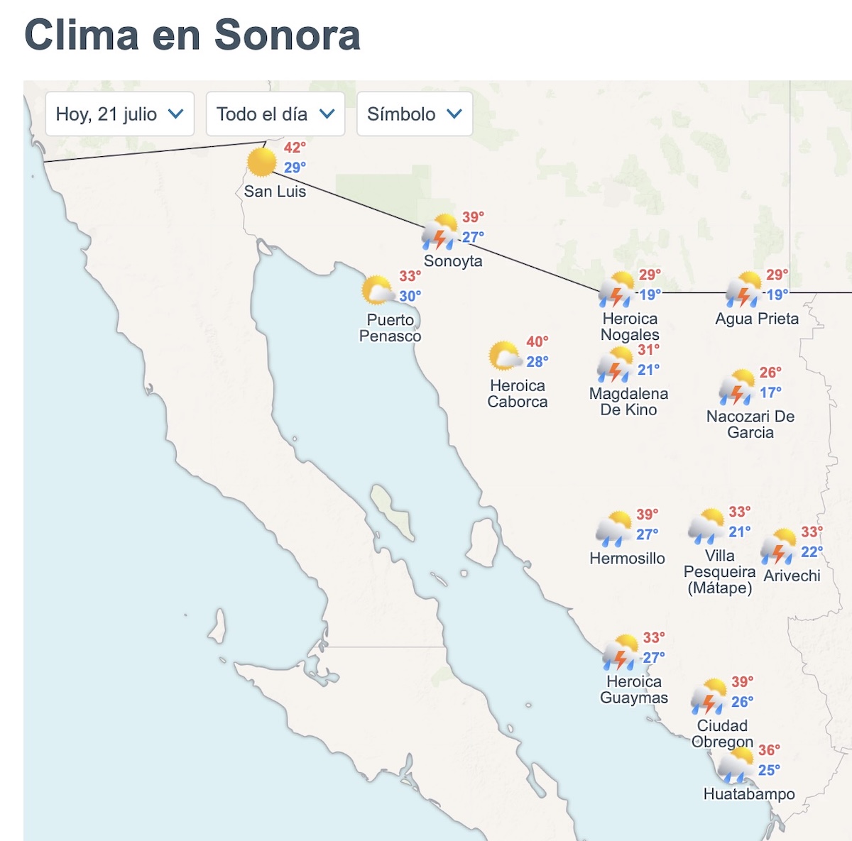 Pronóstico del clima en Sonora para hoy martes 21 de julio. Foto: Meteored.mx