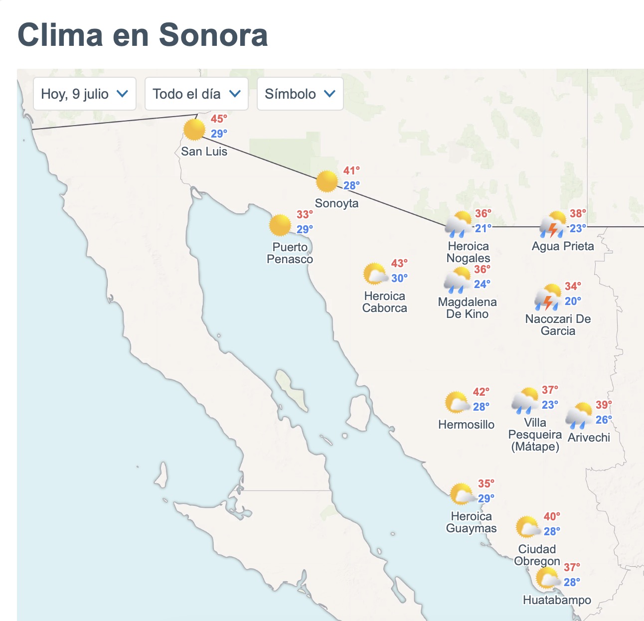 Pronóstico del clima para Sonora este jueves. Foto: Meteored.mx