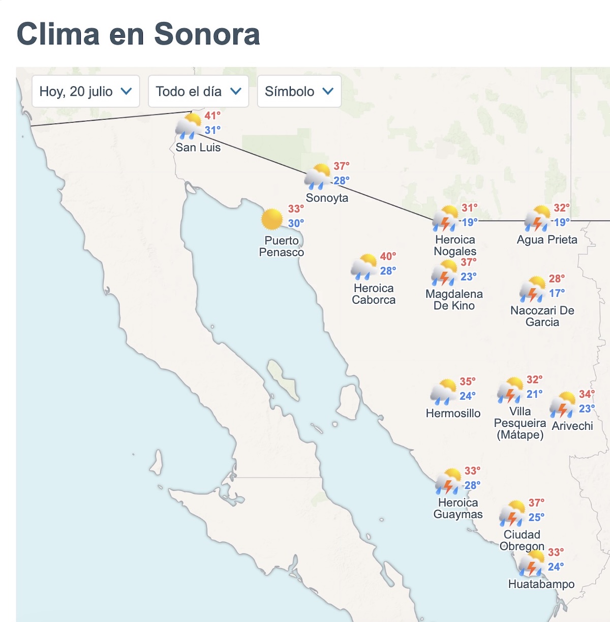 Pronóstico del clima en Sonora para hoy lunes 20 de julio. Foto: Meteored.mx