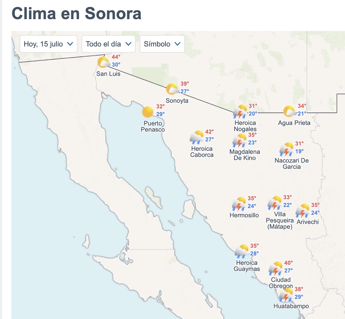 Sonora tendrá calor extremo y lluvias este miércoles 15 de julio. Foto: Meteored.mx