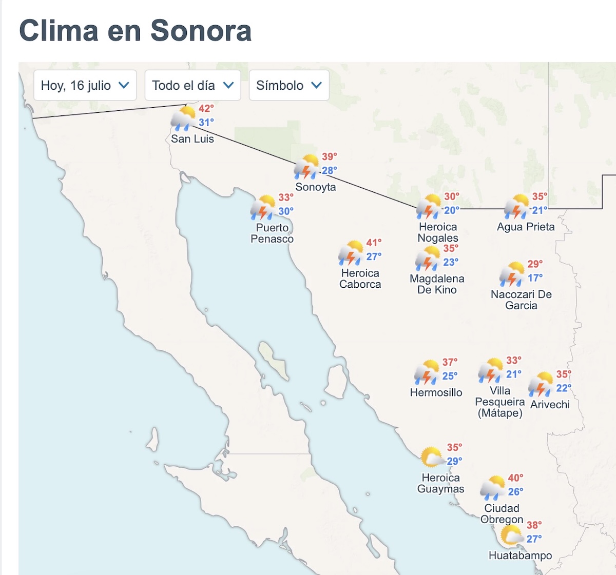 Lluvias y calor marcarán el clima de Sonora este jueves 16 de julio. Foto: Meteored.mx