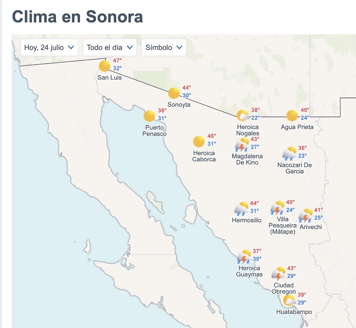Sonora tendrá calor extremo y lluvias fuertes este viernes. Foto: Meteored.mx