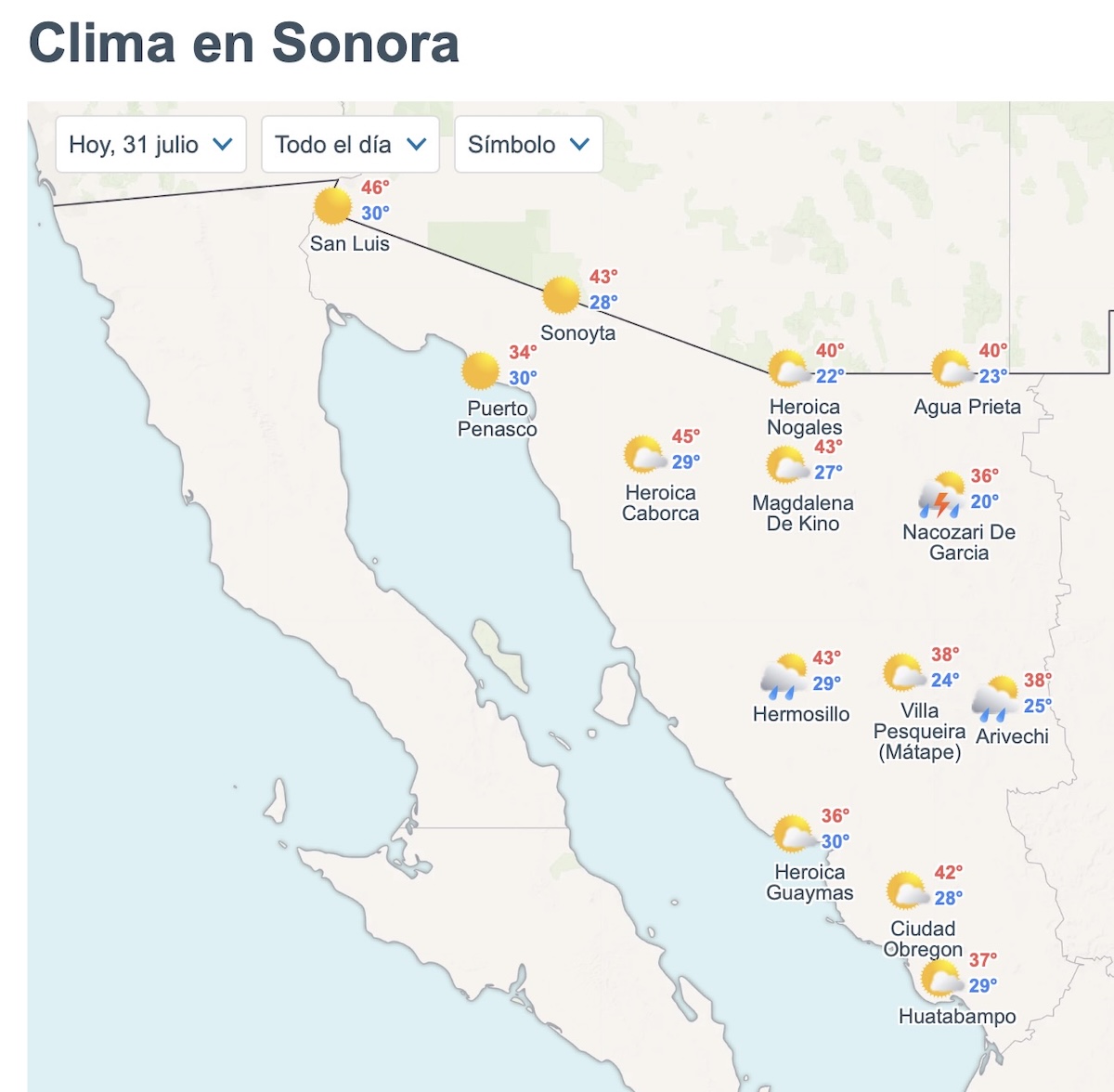 Clima HOY en Sonora 31 de julio: Municipios con calor extremo y lluvias. Foto: Meteored.mx