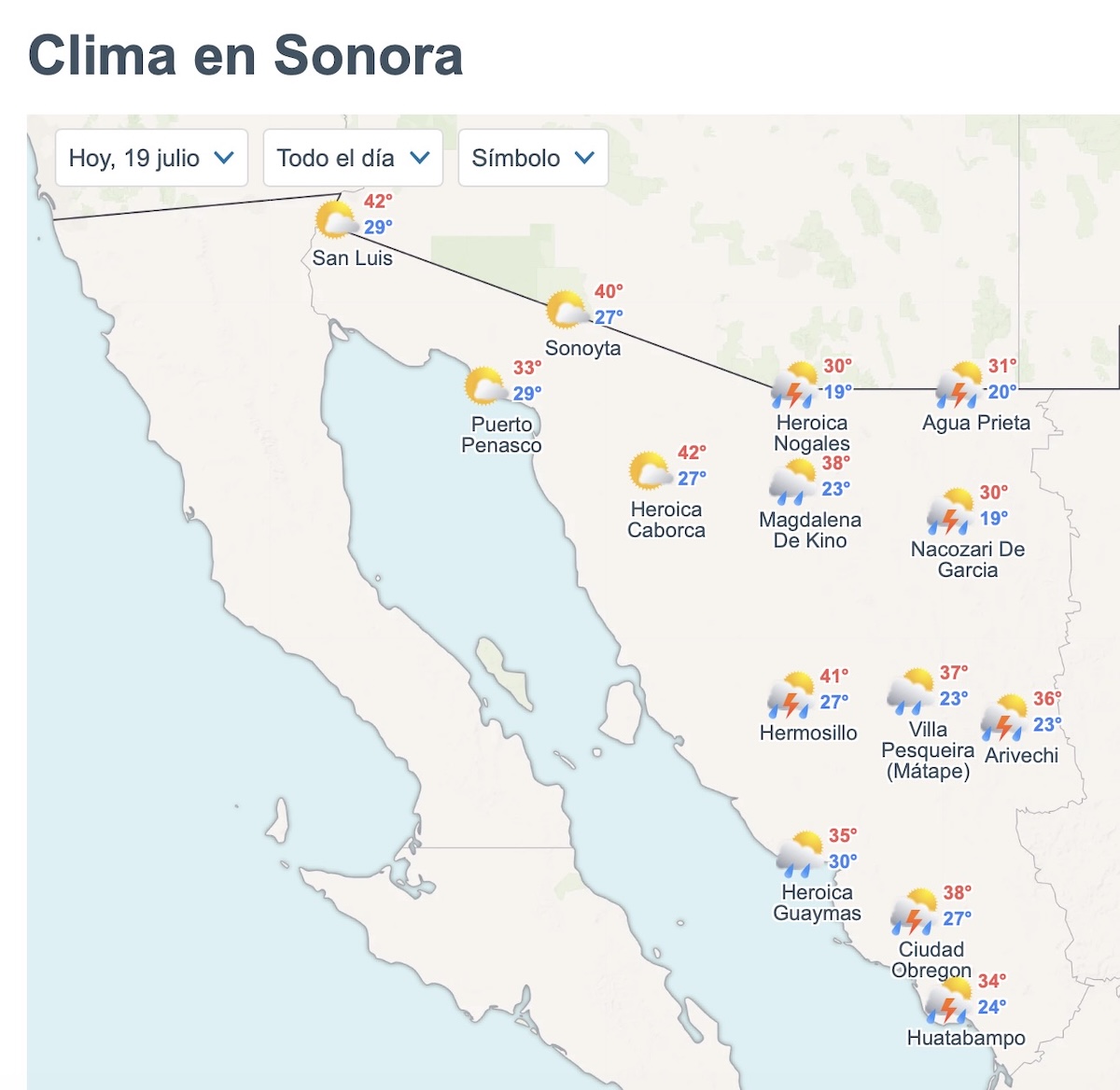 Pronóstico del clima en Sonora para hoy 19 de julio de 2026. Foto: Meteored.mx